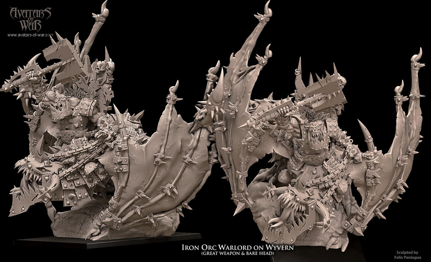 Black Orc Warlord on Wyvern with Bare Head and Great Axe