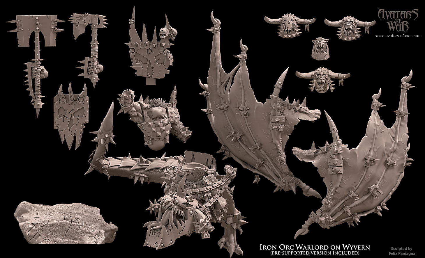 Black Orc Warlord on Wyvern with Enclosed Jaw-Helm, Weapon and Shield with scenic base