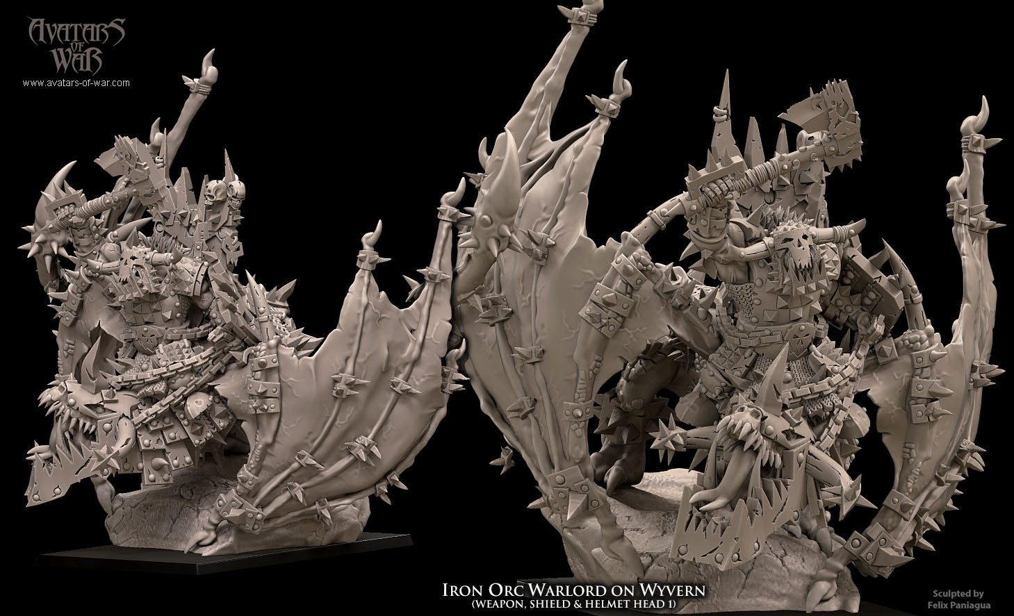 Black Orc Warlord on Wyvern with Jaw-Helm, Weapon and Shield with scenic base