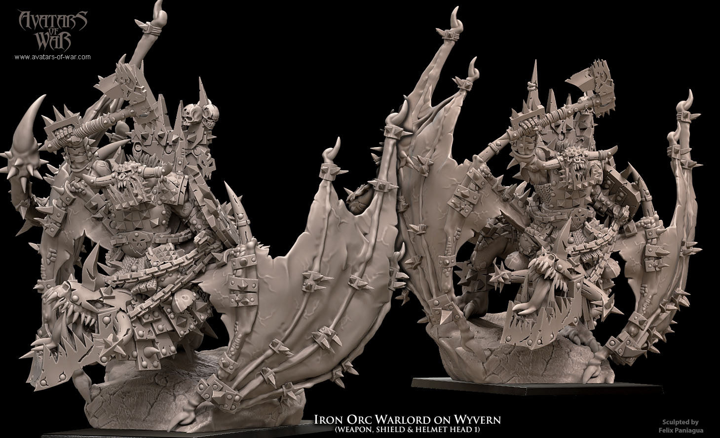 Black Orc Warlord on Wyvern with Helm, Weapon and Shield with scenic base