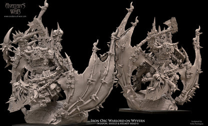 Black Orc Warlord on Wyvern with Helm, Weapon and Shield with scenic base