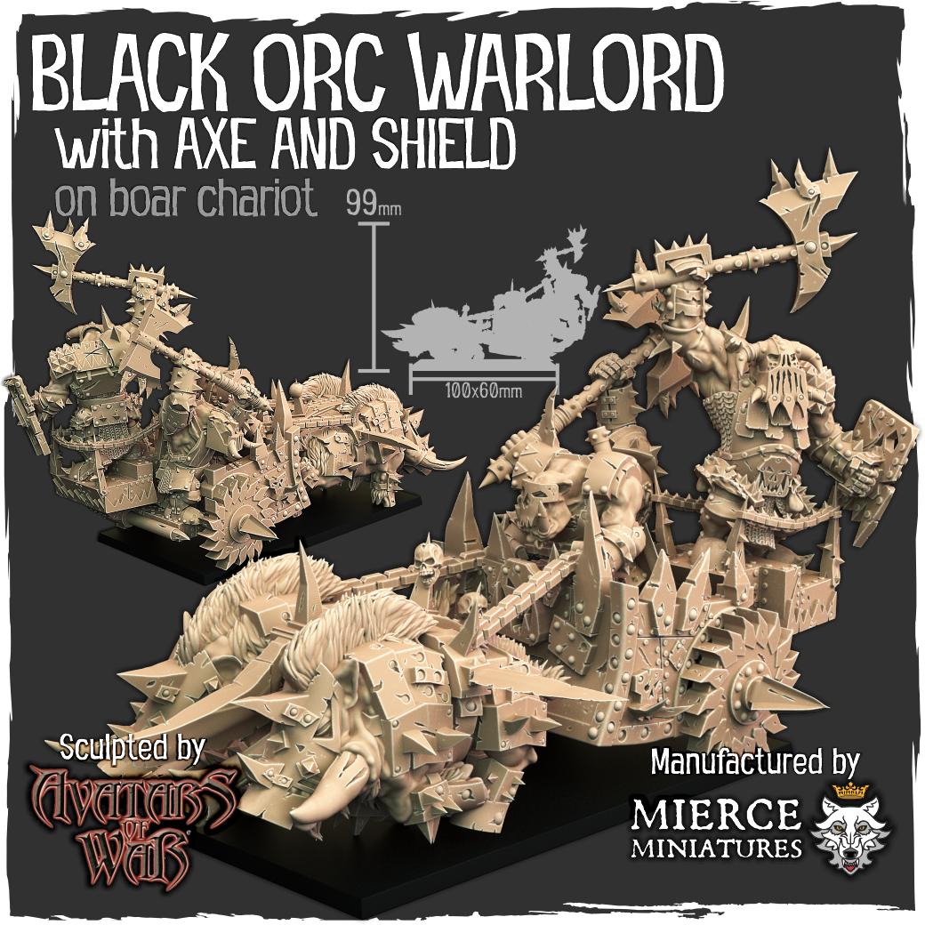 Black Orc Warlord with Axe and Shield on Boar Chariot