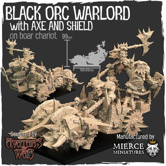Black Orc Warlord with Axe and Shield on Boar Chariot